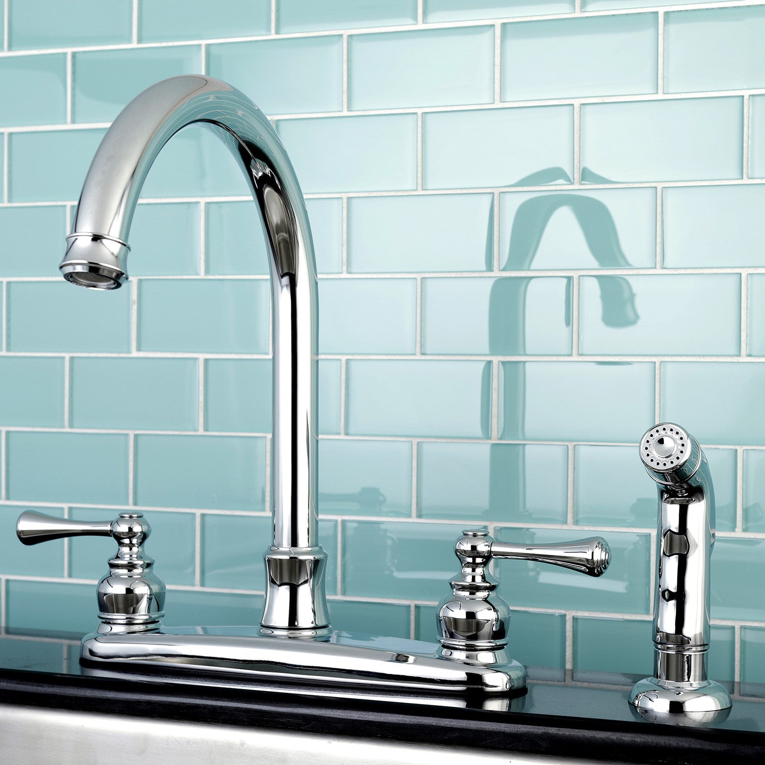 Kingston Tulare FB7791BLSP - Vintage Two-Handle 4-Hole 8" Centerset Kitchen Faucet with Side Sprayer, Polished Chrome — thumbnail 2